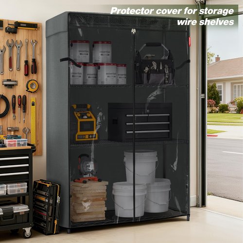 Porch Shield Storage Shelf Cover Fits 48" x 24" x 72" Wire Rack - Dustproof Shelving Unit Cover with Front Transparent(Grey)