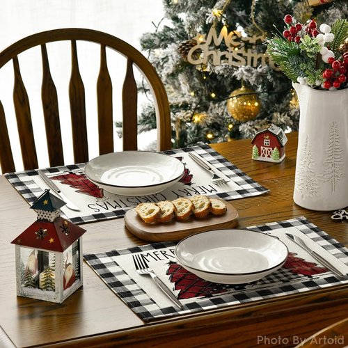 Artoid Mode Waterclor Buffalo Plaid Christmas Trees Placemats Set of 12, 12x18 Inch Winter Table Mats for Outdoor Home Party Kitchen Dining Decor