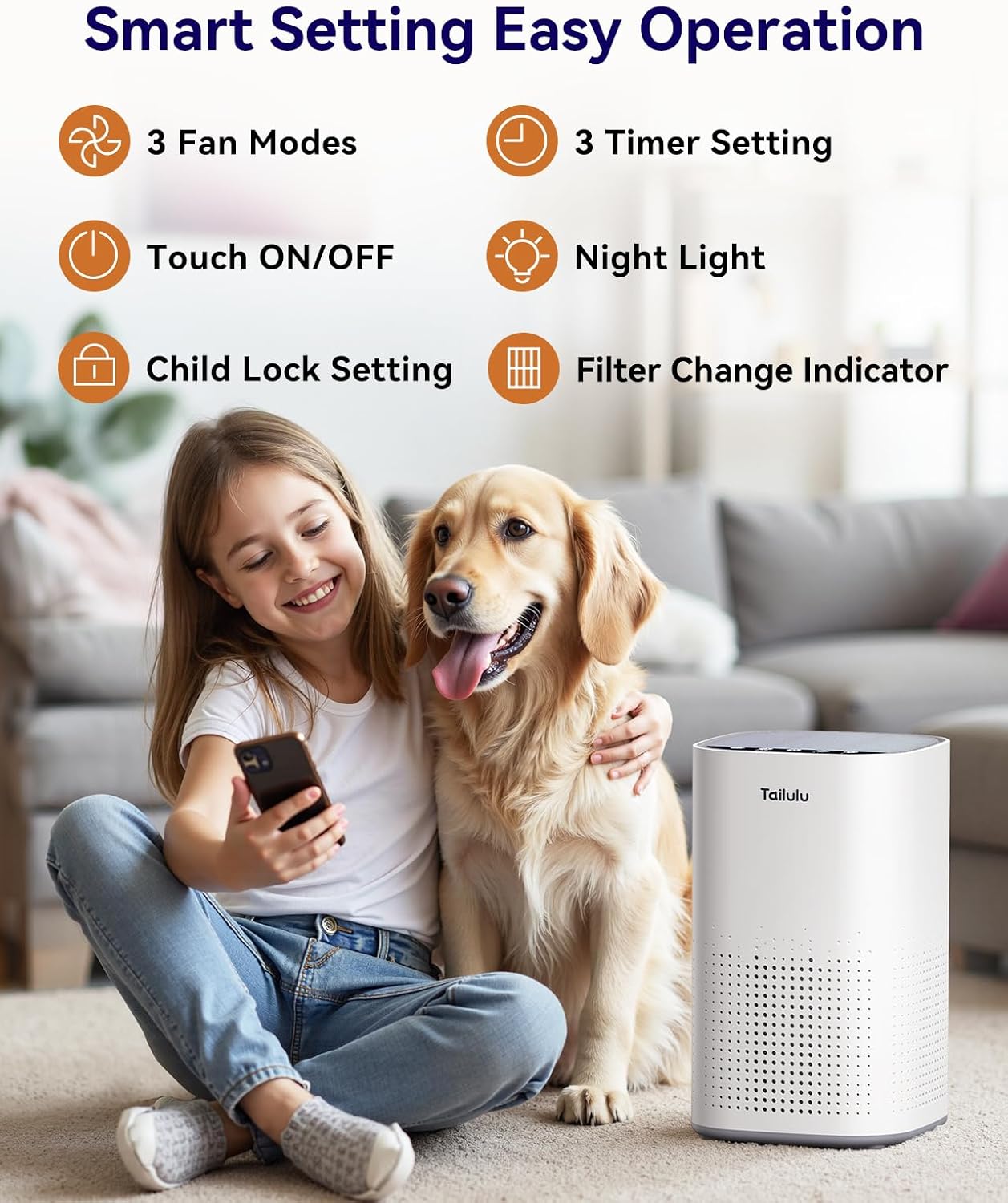 Tailulu H13 True HEPA Air Purifier - Quiet 15dB for Large Rooms up to 1500ft² | Ideal for Pets, Dust, Odor, and Smoke