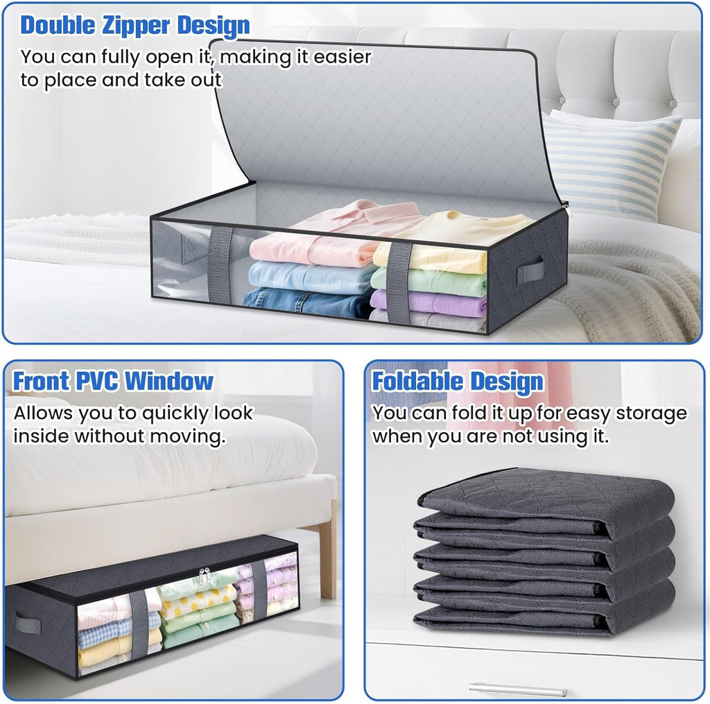 TasticTotes Under Bed Storage Containers - 4 Pack Collapsible Bags with Clear Front | 60L Grey