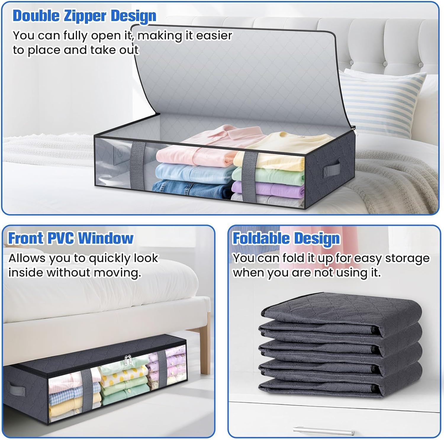 TasticTotes Under Bed Storage Containers - 4 Pack Collapsible Bags with Clear Front | 60L Grey