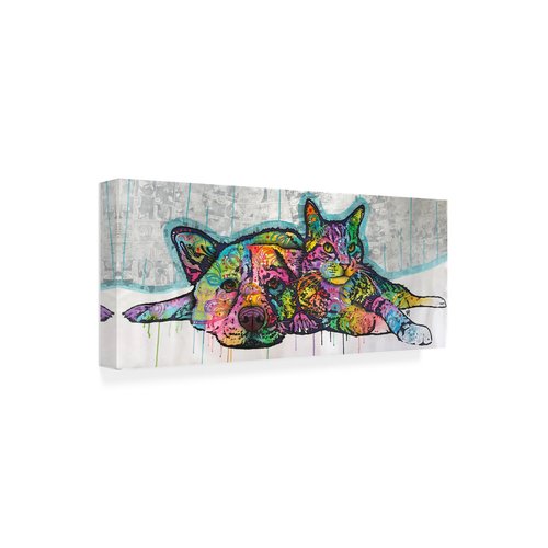 Wrapped Canvas Wall Art - Dean Russo 'Companions Cat and Dog' Wall Art for Living Room, Bedroom, or Office Décor - 20x47