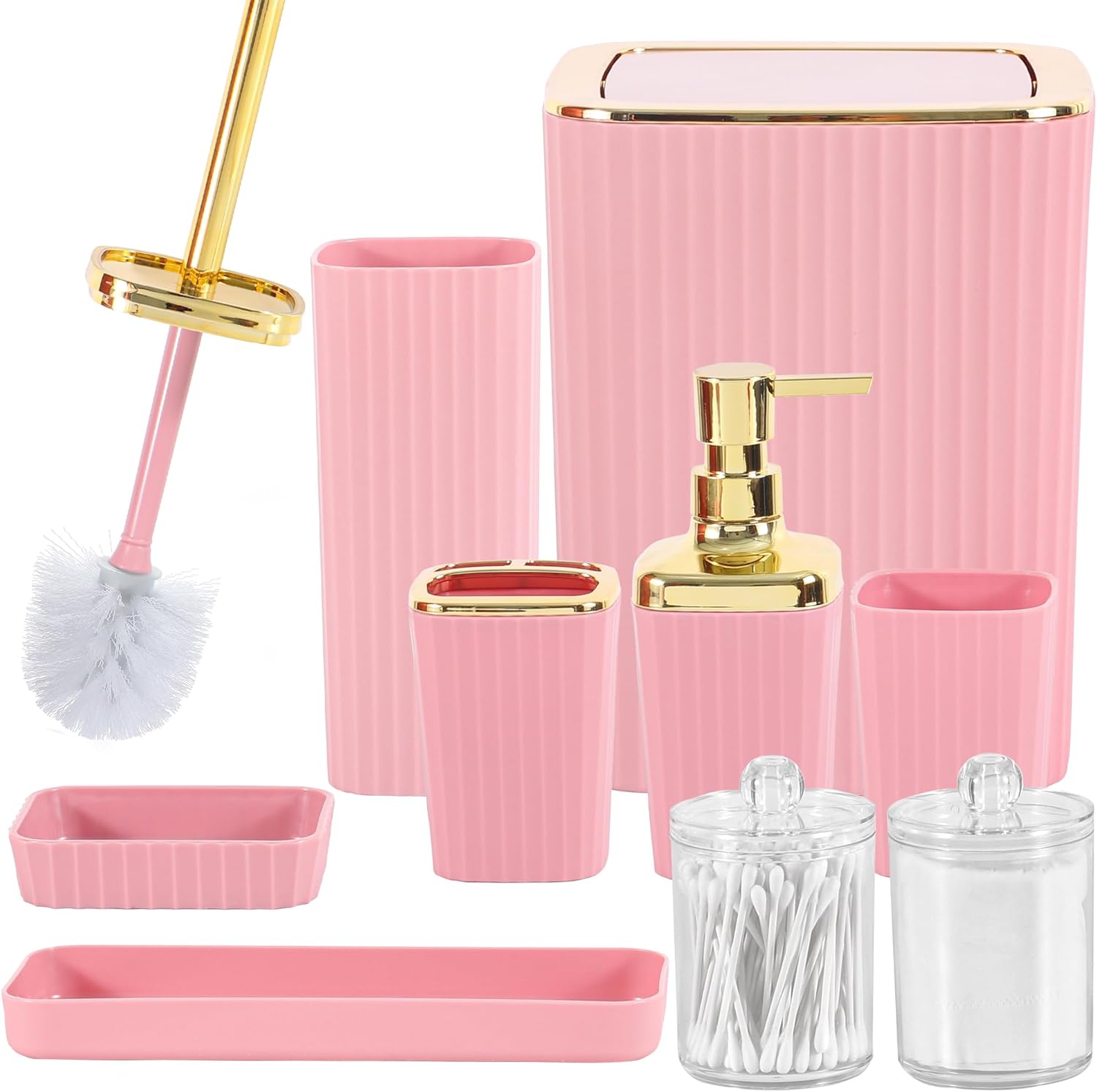 Skiennix 9-Piece Pink Bathroom Accessory Set - Stylish Trash Can, Toothbrush Holder & More