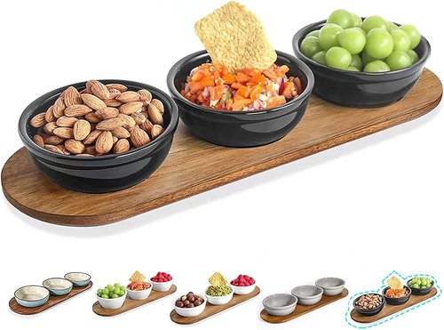 Artena Chip and Dip Serving Set - 12 oz Solid Ceramic with Acacia Tray & Black Bowls | Perfect for Appetizers