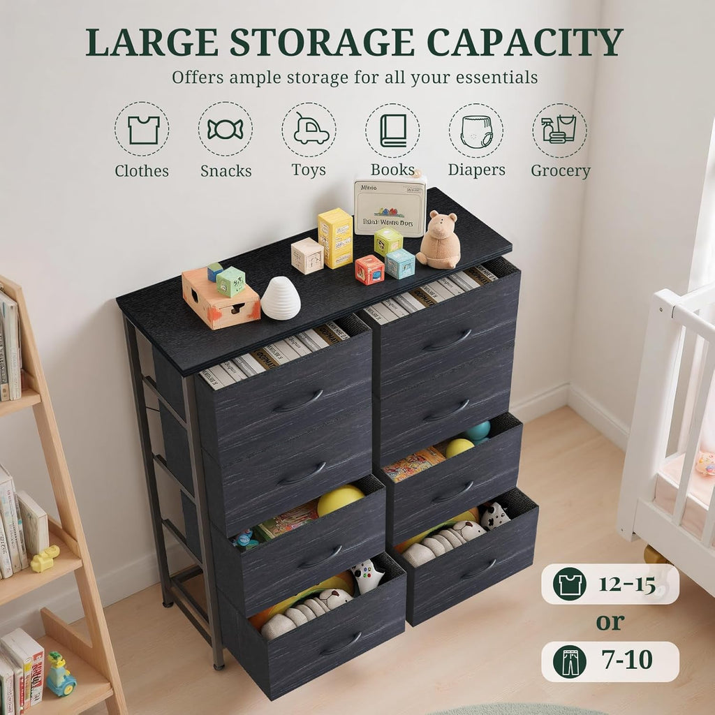 Skiennix 8-Drawer Dresser - Anti-Tip Tall Storage Organizer with Wooden Top & Metal Frame | Charcoal Black