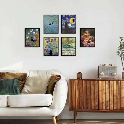Hamduker Funny Black Cat Wall Art, Monet Art Water Lily Cat Wall Art Decor, Preppy Aesthetic Cat Posters for Bedroom Bathroom Living Room (Size: 16''x20''x1pcs)