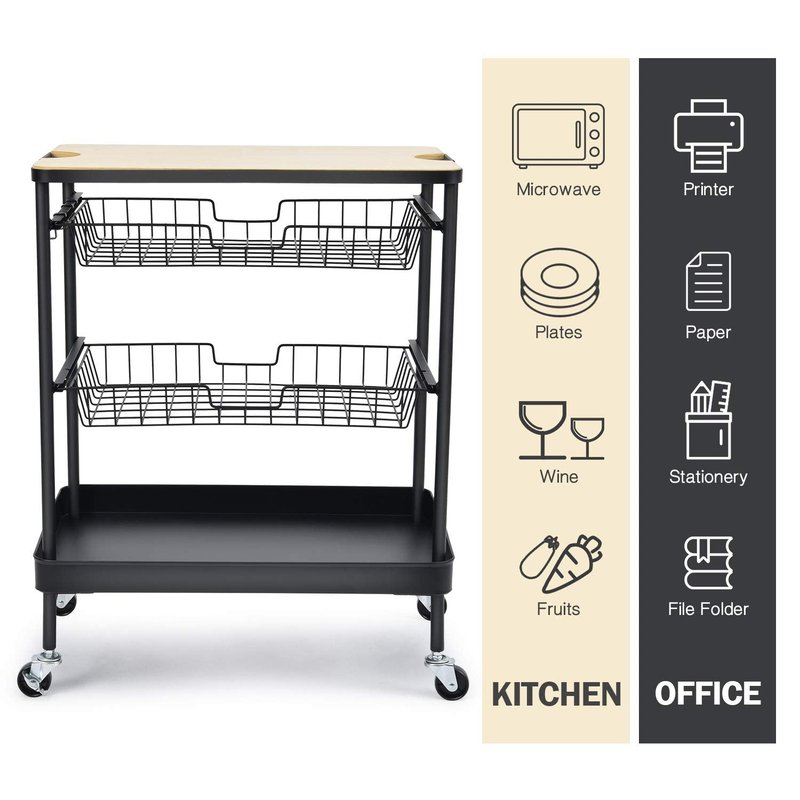 TOOLF Kitchen Island Serving Cart with Utility Wood Tabletop, 4-Tier Rolling Storage Cart with 2 Basket Drawers, Kitchen Cart with Wheels for Home, Dining Room, Bar, Restaurant, Hotel