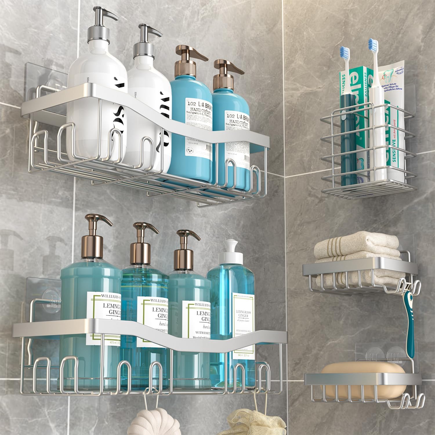 Youvip Adhesive Shower Caddy - No Drilling Rustproof Bath Organizer Set | 5 Pack with Soap & Toothbrush Holders, Silver