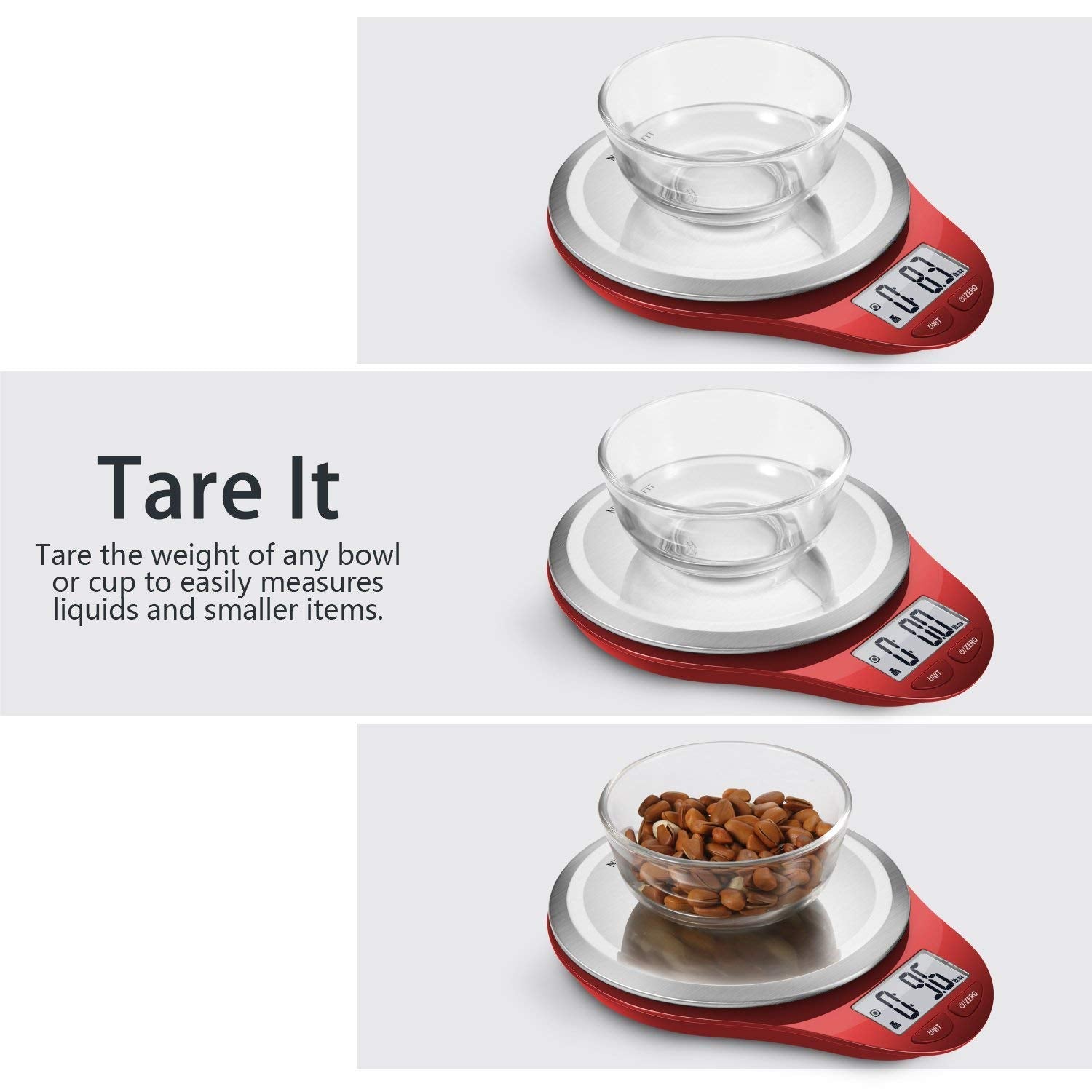 NUTRI FIT Digital Kitchen Scale - Large Stainless Steel Platform for Accurate Baking & Cooking | 1g Tare Function, Red