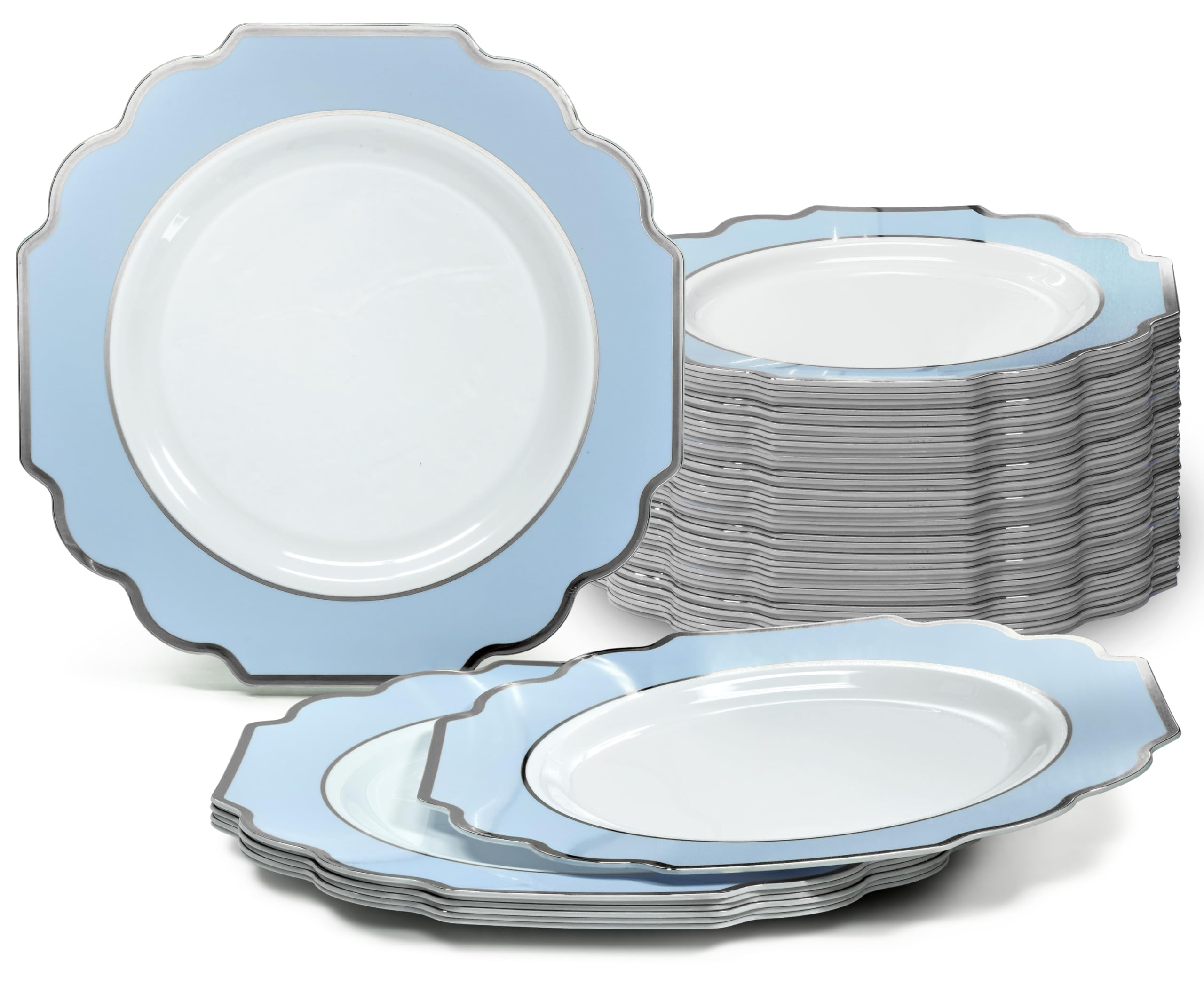 " OCCASIONS " 120 Plates Pack, Heavyweight Disposable Wedding Party Plastic Plates (8'' Appetizer/Dessert Plate, Imperial in White/Blue & Silver)