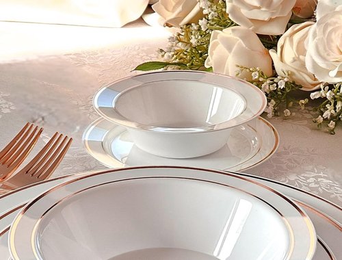 OCCASIONS 120 Plates Pack,(60 Guests) Heavyweight Premium Wedding Party Disposable Plastic Plates Set -60 x 10.5'' Dinner + 60 x 7.5'' Salad/Dessert (White & Rose Gold Rim)