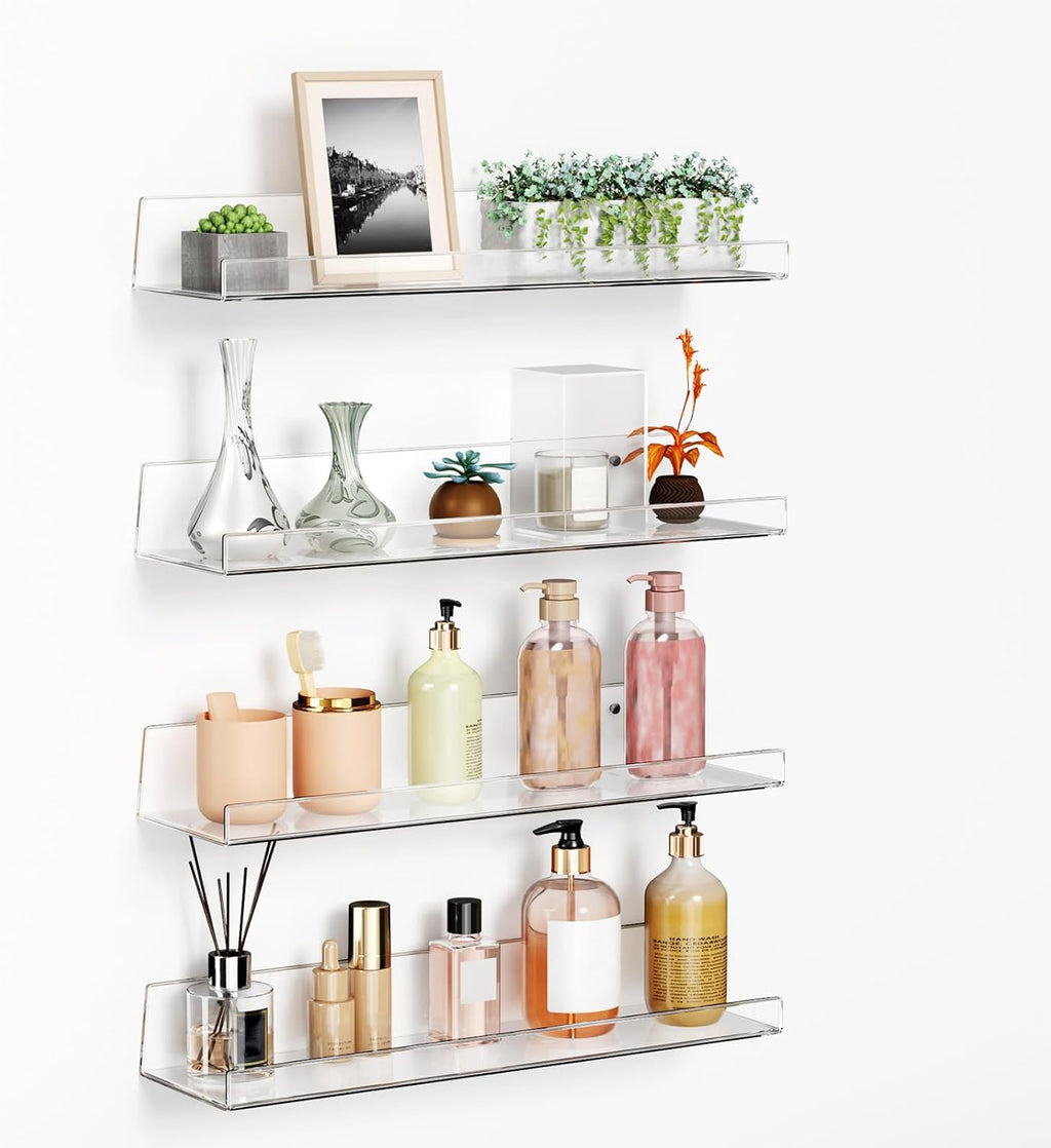 Albumgit 15" Clear Acrylic Floating Shelves - Self-Adhesive Wall Storage for Pop Figures, Pictures & More