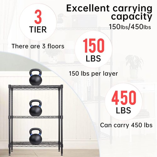 BestOffice 3-Shelf Adjustable Metal Storage Shelves - Heavy-Duty Wire Rack for Small Spaces | Black, 450Lbs Capacity