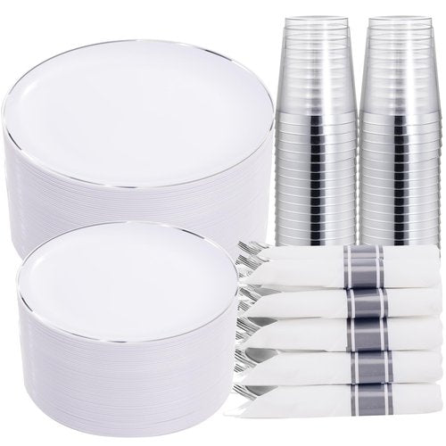 KIRE 350 PCS Plastic Dinnerware Set for 50 Guests, Silver Plastic Plates Include 50 Dinner, 50 Dessert Plates, 50 Pre Rolled Napkins with Silverware, 50 Cups for Wedding, Party, Banqet, Christmas