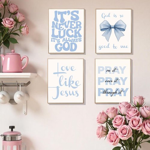 Ever-Going Tune Gray Blue Jesus Wall Decor Set of 4 | Inspirational Bible Verse Art for Girls' Bedroom, 8x10 Unframed