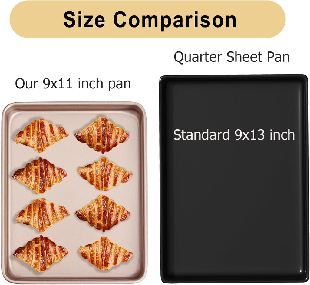 Small Cookie Sheet Pan - Nonstick Baking Tray 2-Pack | 9x11 Inch Heavy Duty Carbon Steel, Gold - Oven Safe & Easy Clean