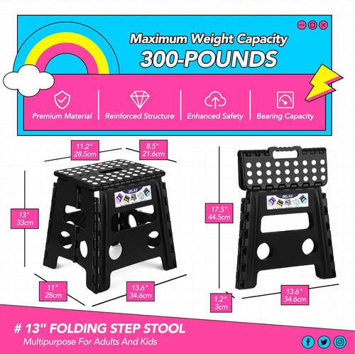 Delxo Folding Step Stool - 13 Inch Non-Slip Design, Supports Up to 300 LBS | Lightweight & Collapsible (Black)