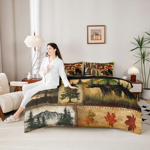 Erosebridal Rustic Farmhouse Comforter Set 7 Pcs Twin,Retro Cabin Lodge Down Comforter,Hunting Bear Deer Bed in a Bag,Country Maple Leaves Duvet Insert,Rustic Woodland Pine Tree Sheets,Red Brown