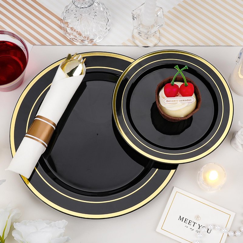 realluck 350 PCS Pink Plastic Dinnerware Set for 50 Guests, 100 Disposable Plates for Party, 50 Pre Rolled Napkins with Gold Silverware, 50 Cups for Wedding, Graduation