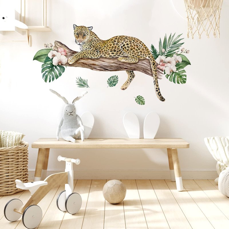 Yovkky Cheetah Leopard Wall Decals Stickers, Safari Jaguar Trunk Palm Leaves Home Bedroom Decor, Wild Jungle African Animal Tropical Flower Living Room Kitchen Decorations Art