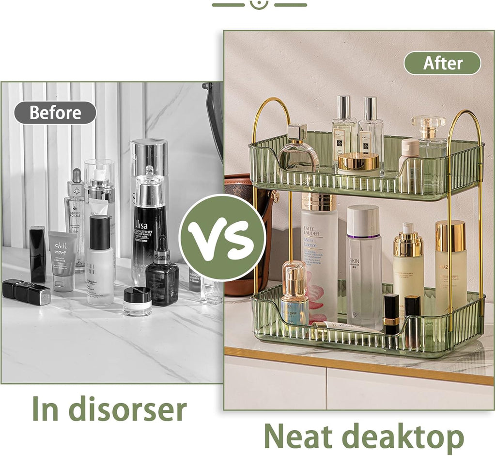 Shuang Qing Bathroom Counter Organizer - 2-Tier Makeup & Skincare Shelf in Green | Dresser & Vanity Storage