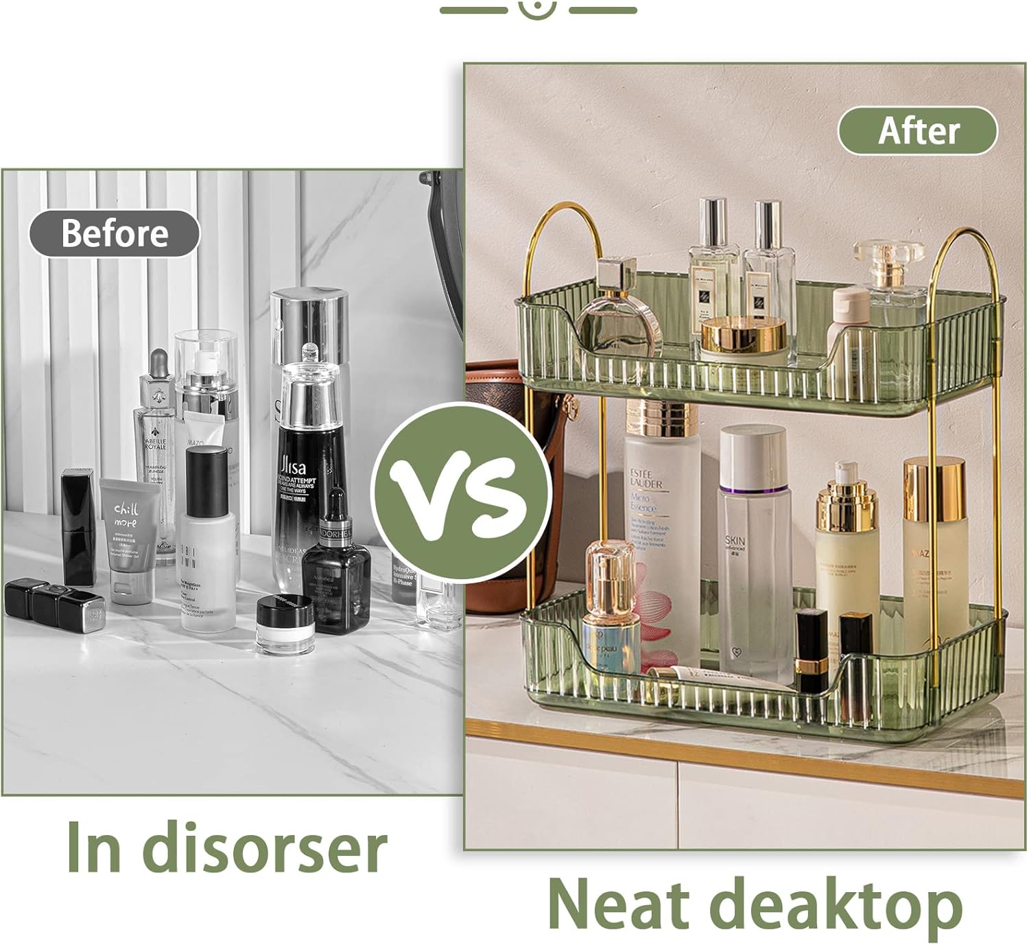 Shuang Qing Bathroom Counter Organizer - 2-Tier Makeup & Skincare Shelf in Green | Dresser & Vanity Storage