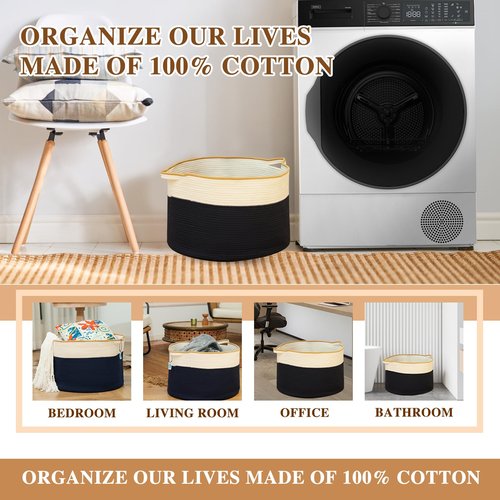 Casaphoria Blanket and Laundry Basket, Woven Storage Hamper, 21.7 * 21.7 * 13.8in Cotton Rope Clothes Organizer (White & Navy Blue)
