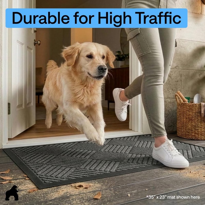 GORILLA GRIP 100% Waterproof All-Season WeatherMAX Doormat, 47x35, US Designed Natural Rubber, Stain and Fade Resistant, Low Profile Indoor Outdoor Door Mats, Easy Clean Patio Mat, Gray Diamond