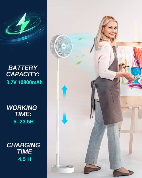 AICase Stand Fan,Folding Portable Telescopic Floor/USB Desk Fan with 10800mAh Rechargeable Battery,4 Speeds Super Quiet Adjustable Height and Head Great for Office Home Outdoor Camping-White