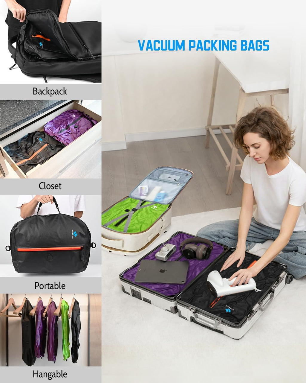 Zurligi Travel Vacuum Compression Bags - Waterproof 39L Packing Cubes with Mini Pump | 1-Pack Black