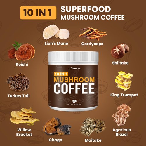 JUYIHEAL Mushroom Coffee, 10 in1 Mushroom Powder Coffee with Lions Mane, Chaga, Reishi, Cordyceps, Maitake, Shiitake, and Turkey Tail for Energy, Focus, Immune Support, 180g