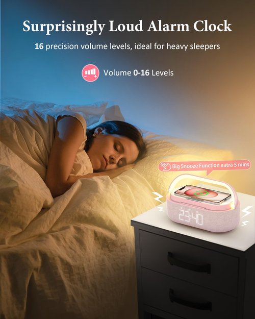COLSUR Bluetooth Speaker Alarm Clock with Wireless Charger, FM Radio, Adjustable LED Night Light, 6 in 1 Bedroom Portable Speaker 2500mAh, Phone Stand for Bedside, Home, Office, Gift (Pink)
