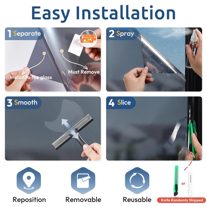 rabbitgoo One Way Privacy Window Film Window Tint for Home with Tools, UV Blocking Heat Control Static Cling No Glue, Daytime Privacy See Out Not in, 23.6 in X 13.1 Feet, Black Silver