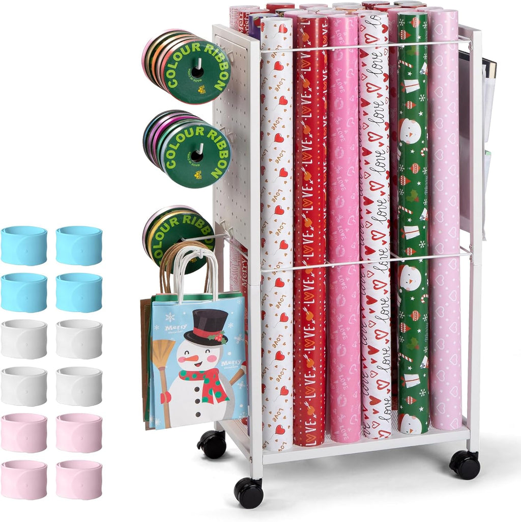 Wrapping Paper Cart - Gift Wrap Organizer with Rolling Storage Stand & Ribbon Holders | 12 PCS Slap Bracelets Included