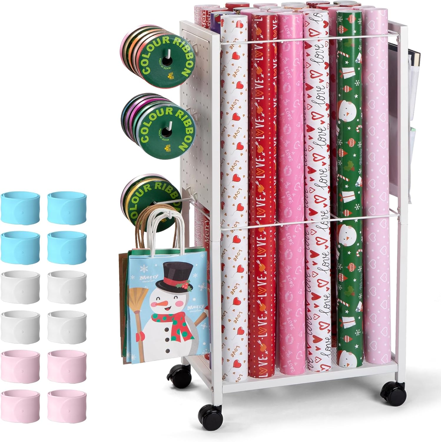 Wrapping Paper Cart - Gift Wrap Organizer with Rolling Storage Stand & Ribbon Holders | 12 PCS Slap Bracelets Included