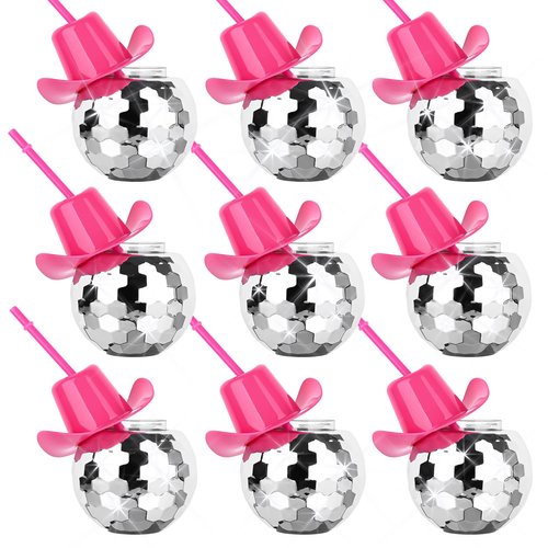 MAKCNMYM 9 PCS Disco Ball Cups Pink Cowgirl Hat Mirror Party Cup with Straws Silver 70s Cocktail Cup Sparkling Tumbler Wine Glass for 1970s Bar Dance Cowboy Bachelorette Party Decorations Supplies