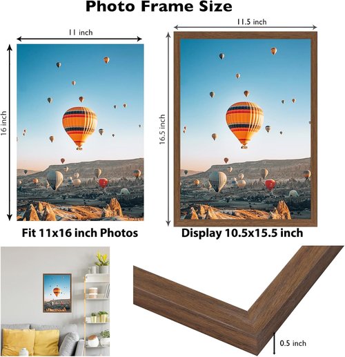 JCJMY 11x16 Picture Frame - Brown Wall Mount for Horizontal or Vertical Display | Shatter-Resistant Plexiglass