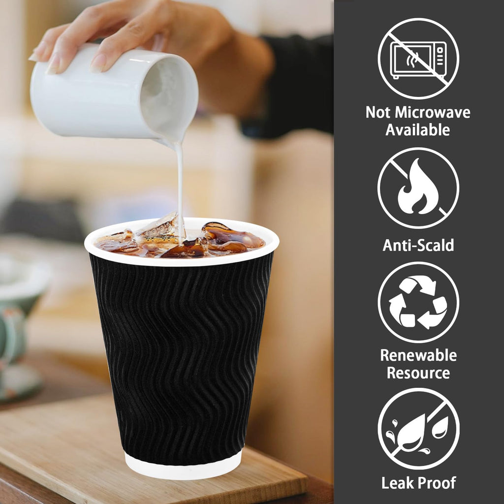 Lamosi Coffee Cups 12 oz 50 Pack, Black Disposable Coffee Cups, Corrugated Paper Cup 12 oz, Ripple Wall Insulated Water Cup for Hot Beverage