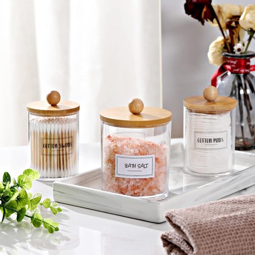 Apothecary Jar Qtip Holder Dispenser Set - 3 Pack Bamboo Lids for Stylish Vanity Organization