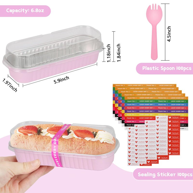 Yimerlen 100 Pack Mini Loaf Pans Mini Cake Pans with Lids and Spoons Sealing Sticker, 6.8oz Rectangle Aluminum Foil Baking Pans Disposable Loaf Cake Pan for Baking (Pink)