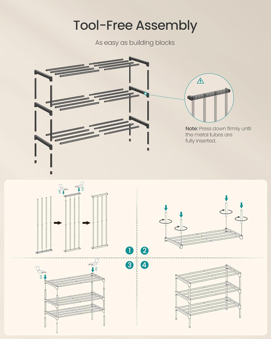 SONGMICS 3-Tier Shoe Rack - Compact Metal Organizer for Small Spaces | Stackable Design, Black, 11.8 x 24.5 x 19.1 Inches