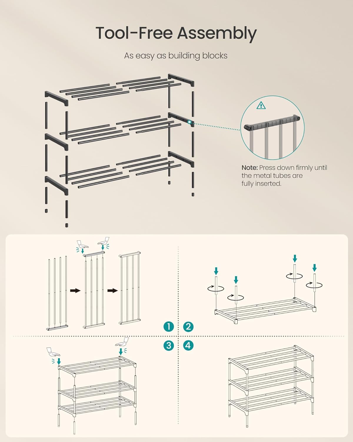 SONGMICS 3-Tier Shoe Rack - Compact Metal Organizer for Small Spaces | Stackable Design, Black, 11.8 x 24.5 x 19.1 Inches