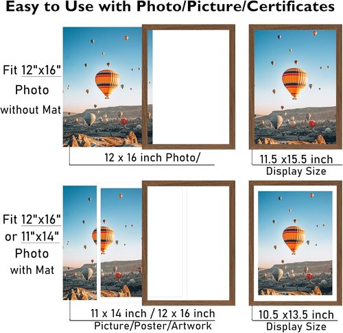 JCJMY 12x16 Picture Frame - Brown Wall Hanging Frame with 11x14 Mat | Display Photos Stylishly