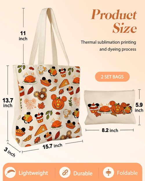 Miss Adola 2 Pack Canvas Tote Bag - Reusable Canvas Totes with Makeup Zipper Pouch Women Ladies Aesthetic Cute Food Pumpkin Shoulder Bag for Shopping, Work, Gym, Travel