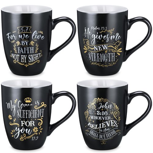 Jinei 4 Pcs Christian Coffee Mugs Set Black Stoneware Bible Coffee Mugs for Men Women Religious Inspirational Motivational Encouragement Gifts, 12 oz
