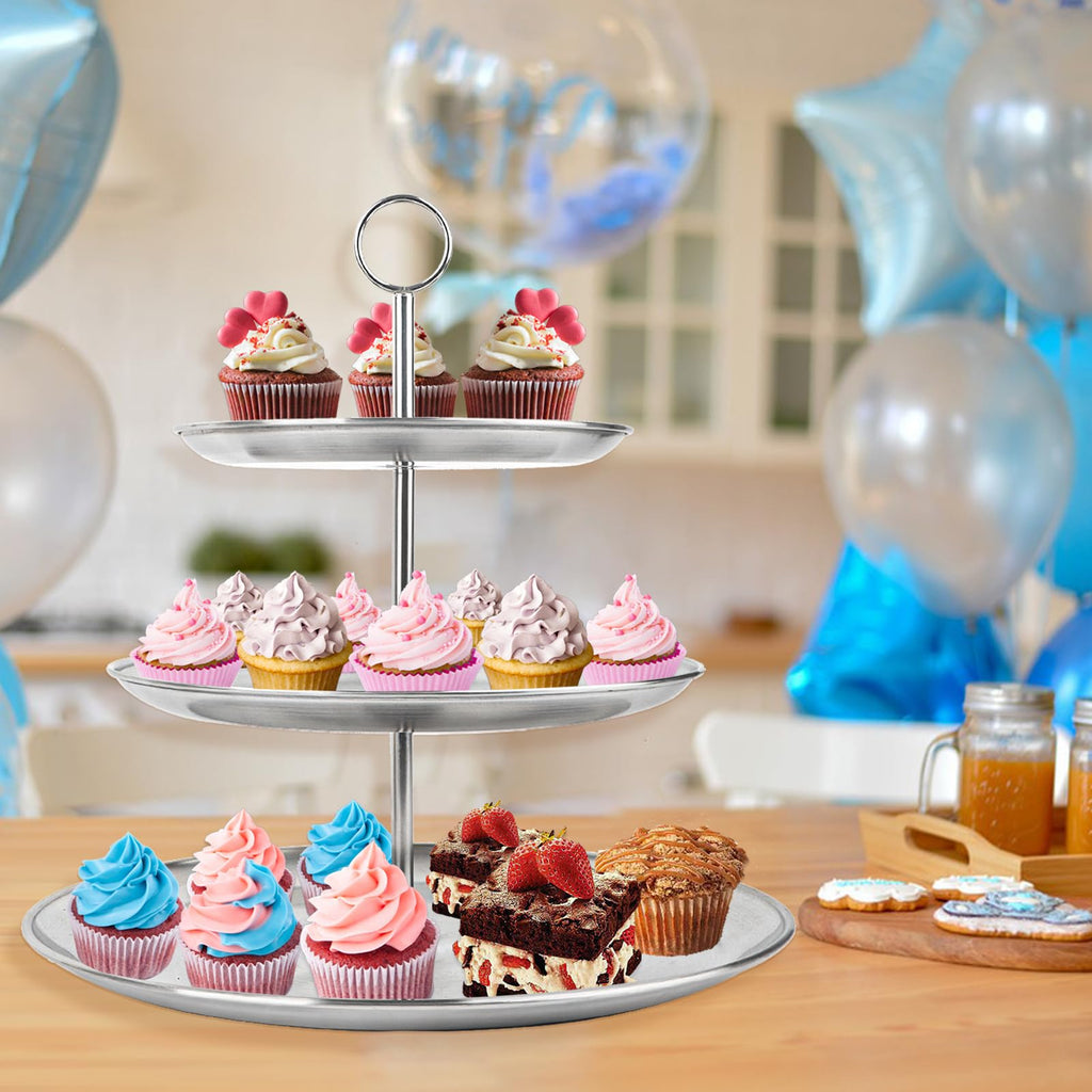 LIAISIMI 3 Tier Silver Cupcake Stand Stainless Steel Dessert Display Rack with Removable Tiered Tray for Parties,Weddings,Birthdays,Decorations,Any Festivals and Festivities(2 Pack)