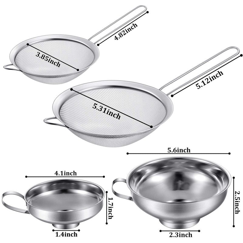 Boao 4 Pieces Stainless Steel Funnels with Fine Mesh Strainer, Household Kitchen Canning Funnels with Stainless Steel Colander