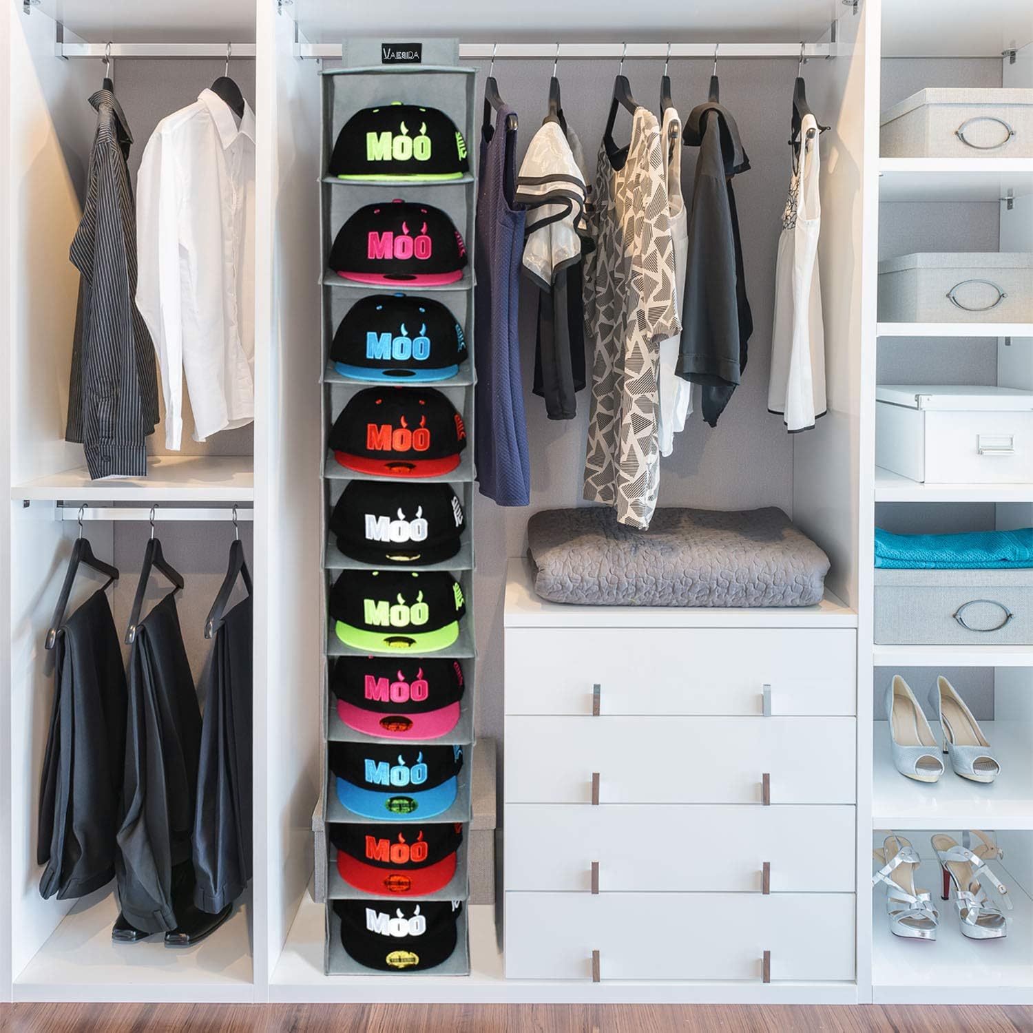 VAESIDA Hat Rack Organizer - 10 Shelf Baseball Cap Storage Solution, Gray