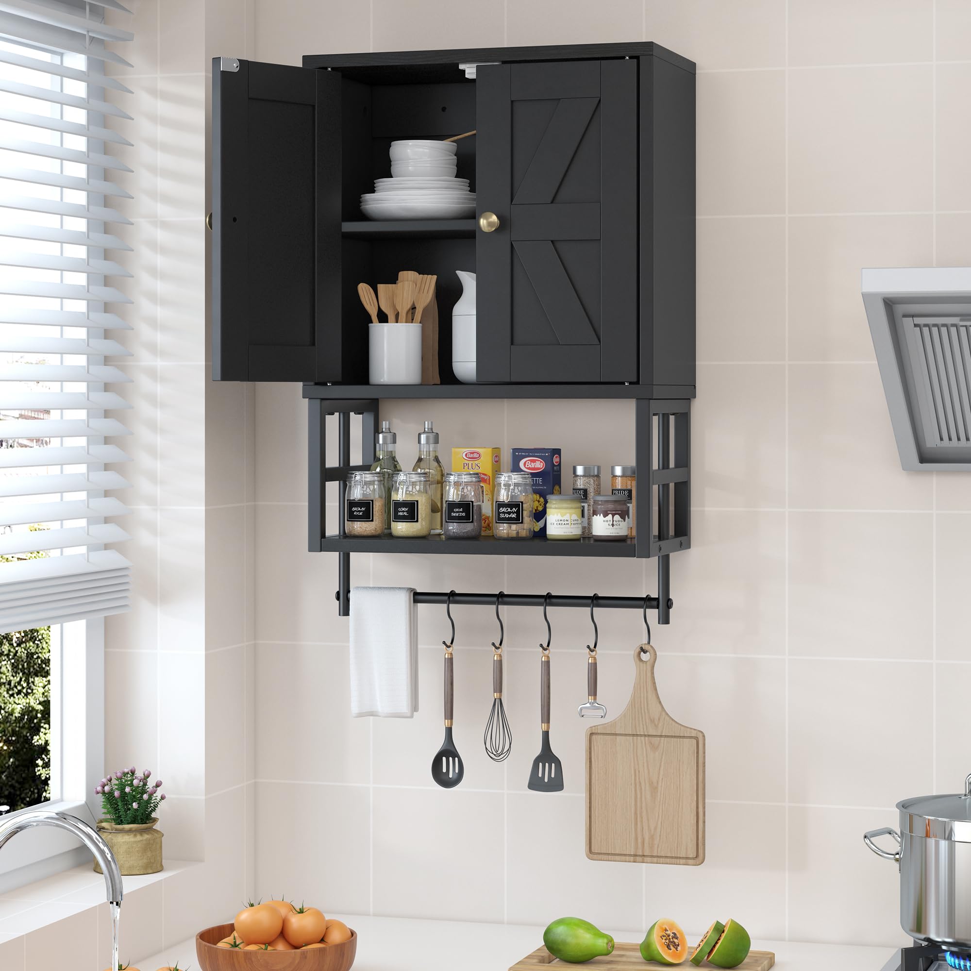 FUNHUKSON Farmhouse Medicine Cabinet - 3-Tier Wall Mounted Storage Organizer with Adjustable Shelves, Towel Bar, 5 Hooksfor Small Bathroom, Laundry Room, Over Toilet, Living Room, Bedroom (Black)