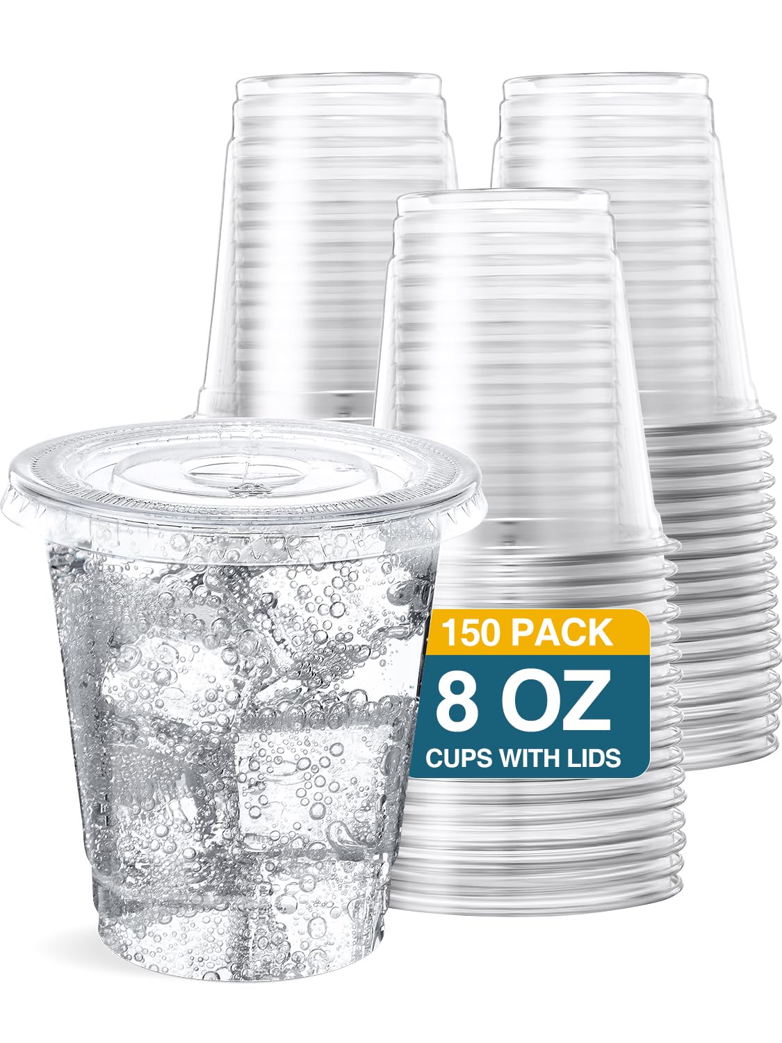 SHOPDAY 8 oz-Plastic-Cups-with-Lids - 150 Pack Disposable Clear Cup with Lids, Small Cup for Cold Drinks Smoothie Food, Coffee Cups with Lids